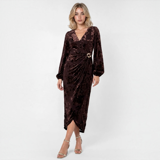 Chocolate Floral Velvet Devore
Faux Wrap Midaxi Dress