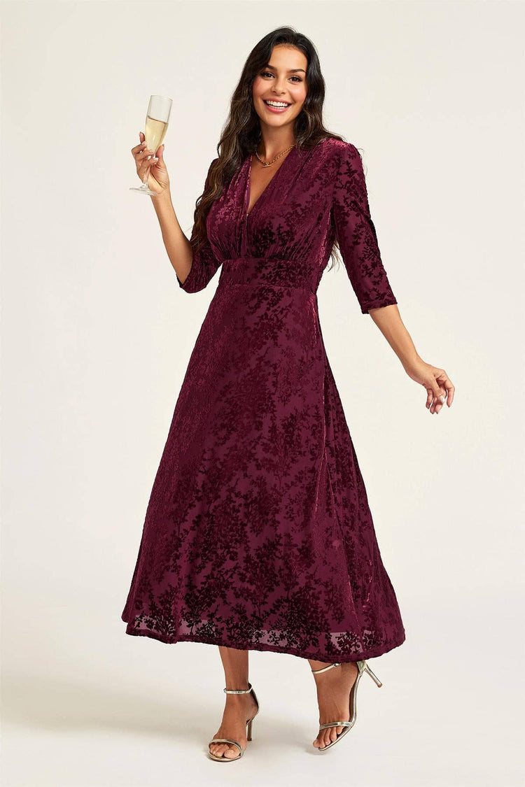 Velvet Flock Wrap Neck 3/4 Sleeve Midi Dress In Wine