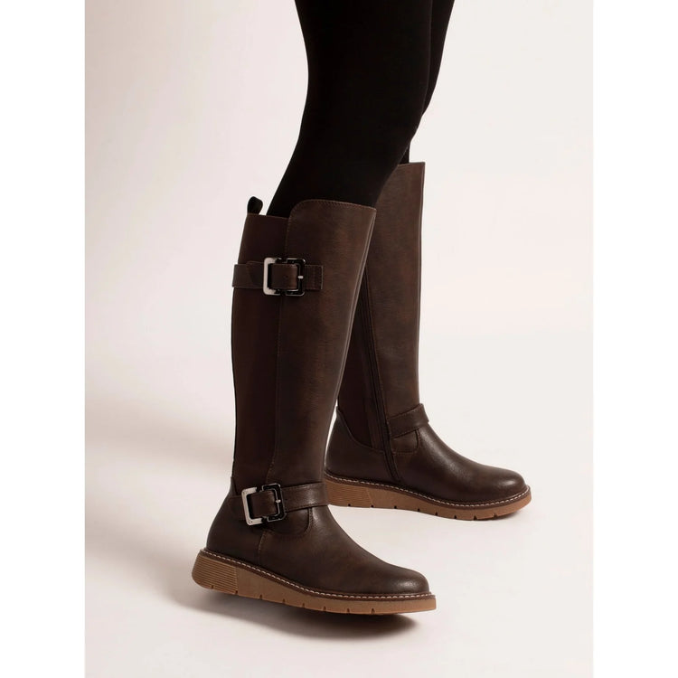 Lunar Devon Full Elastic Wide Fit Long Boot Brown