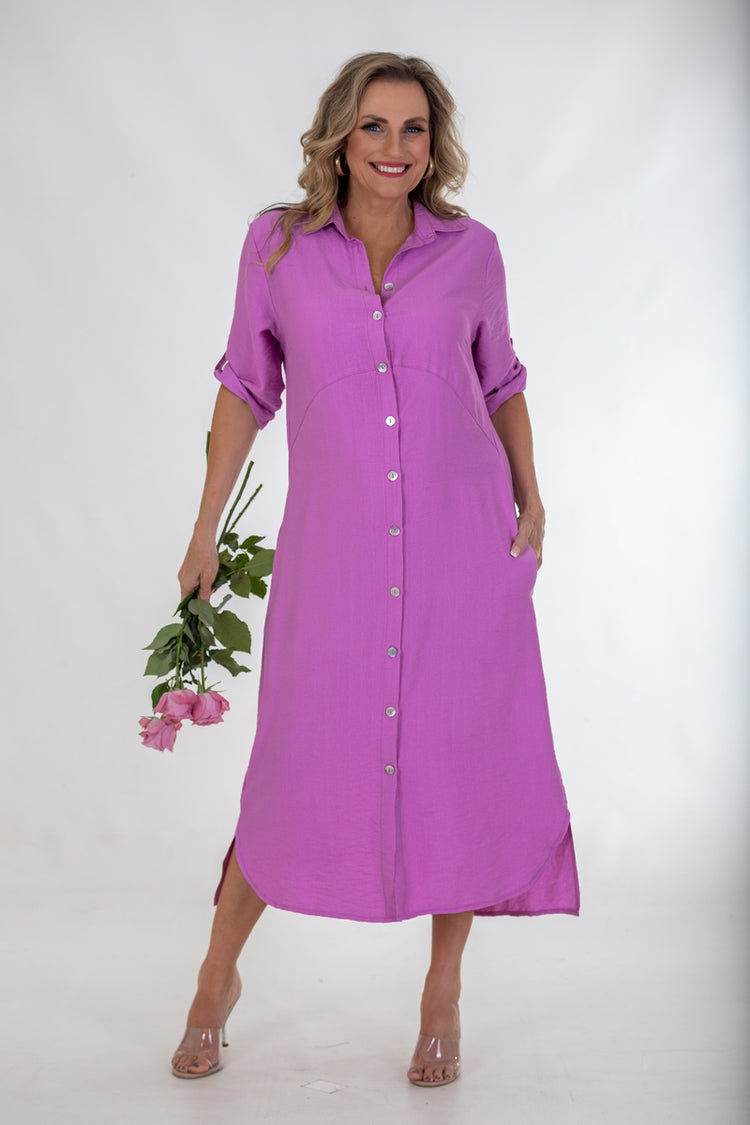 Calypso Shaped Button Through Maxi Dress Berry
