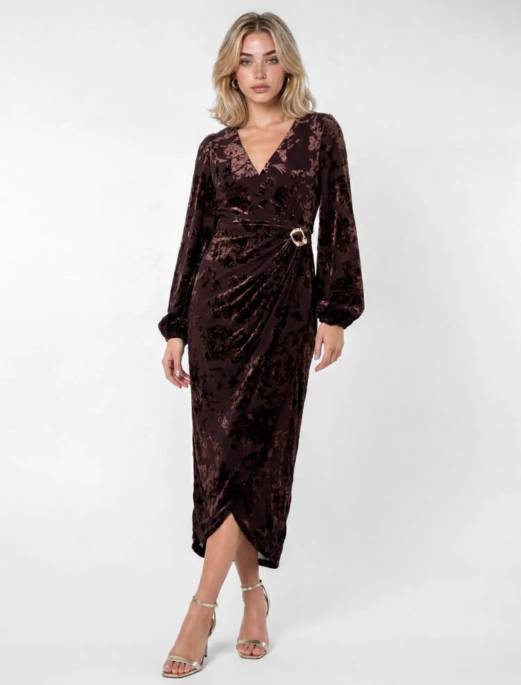 Chocolate Floral Velvet Devore
Faux Wrap Midaxi Dress