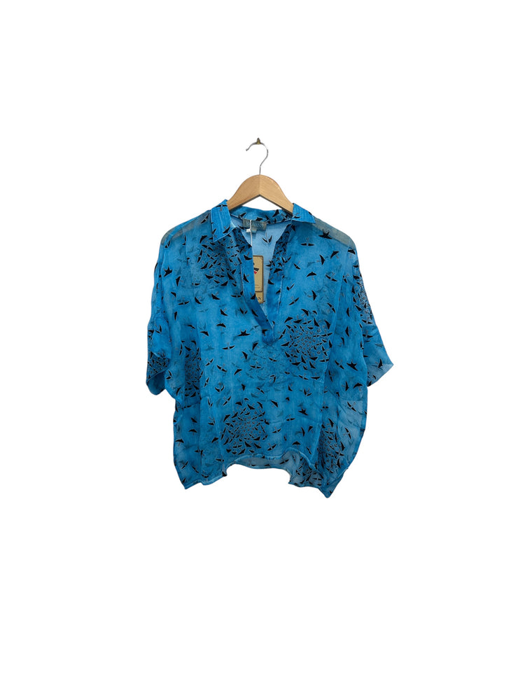 Yauvan Flocked Bird Top 7644 Aqua