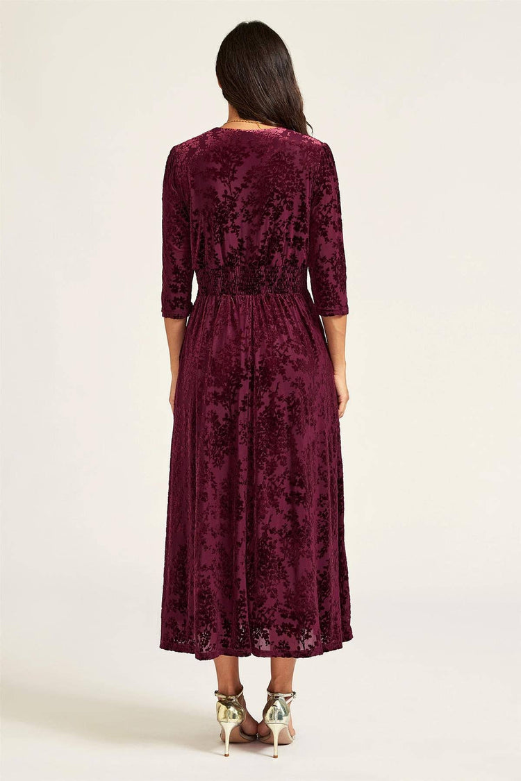 Velvet Flock Wrap Neck 3/4 Sleeve Midi Dress In Wine