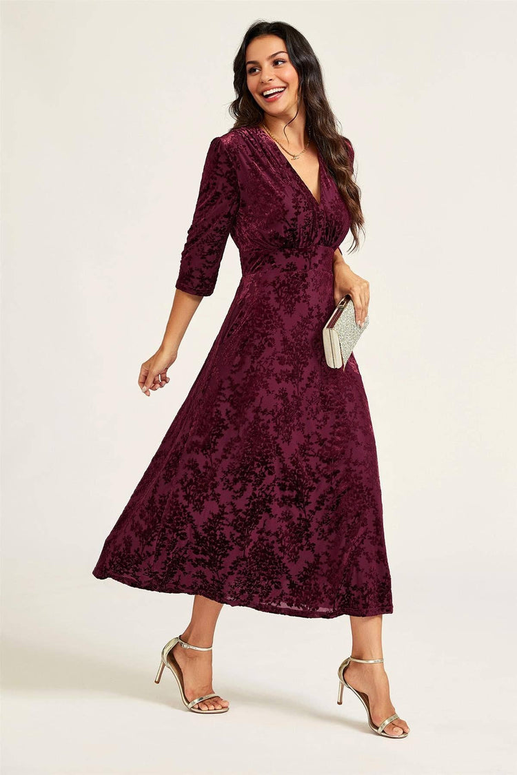 Velvet Flock Wrap Neck 3/4 Sleeve Midi Dress In Wine