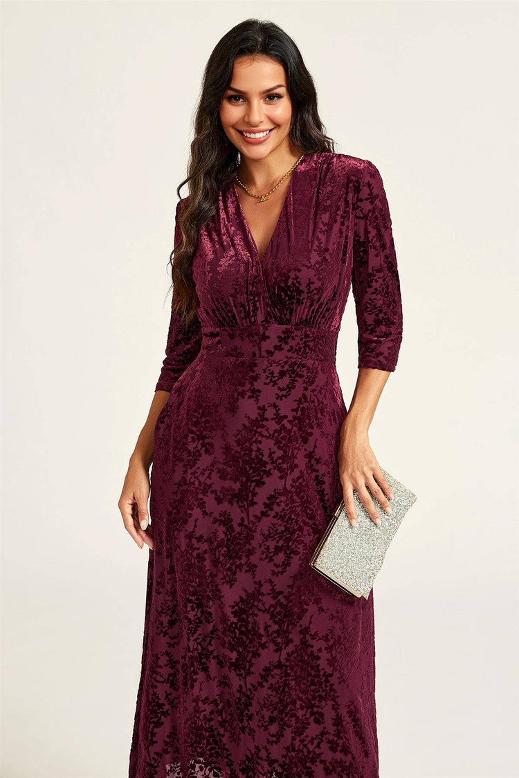 Velvet Flock Wrap Neck 3/4 Sleeve Midi Dress In Wine