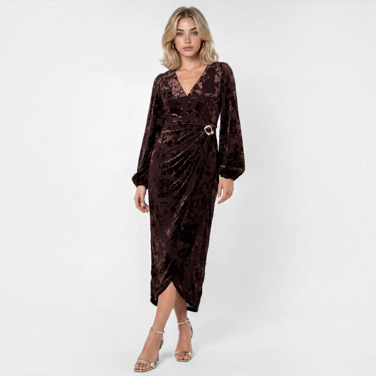 Chocolate Floral Velvet Devore
Faux Wrap Midaxi Dress