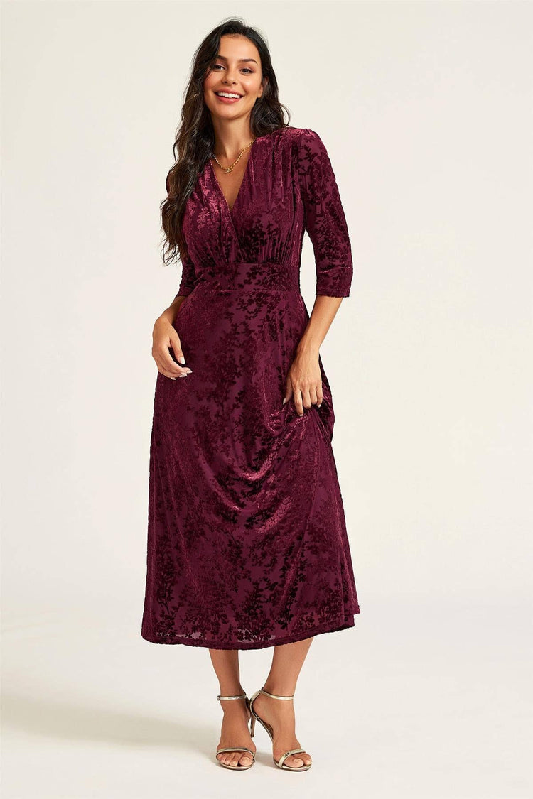 Velvet Flock Wrap Neck 3/4 Sleeve Midi Dress In Wine