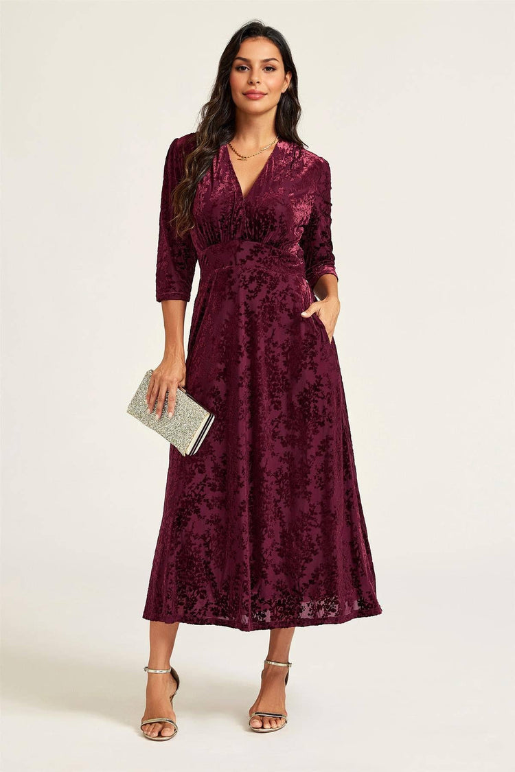 Velvet Flock Wrap Neck 3/4 Sleeve Midi Dress In Wine