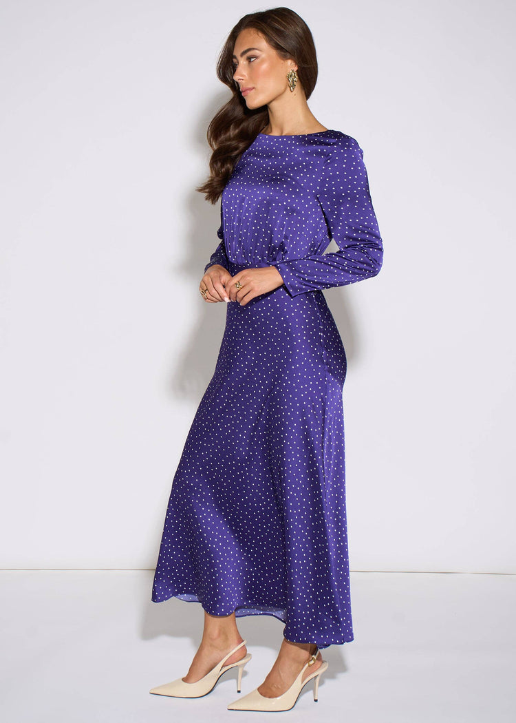 Gini London Polka Long Sleeve Satin Midi Dress