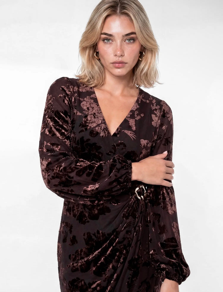 Chocolate Floral Velvet Devore
Faux Wrap Midaxi Dress