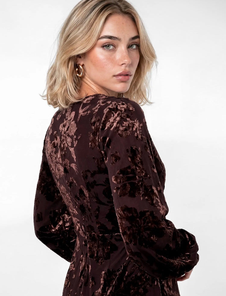 Chocolate Floral Velvet Devore
Faux Wrap Midaxi Dress
