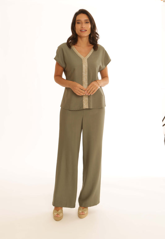 Pomodoro Solid Wide Leg Trousers Khaki