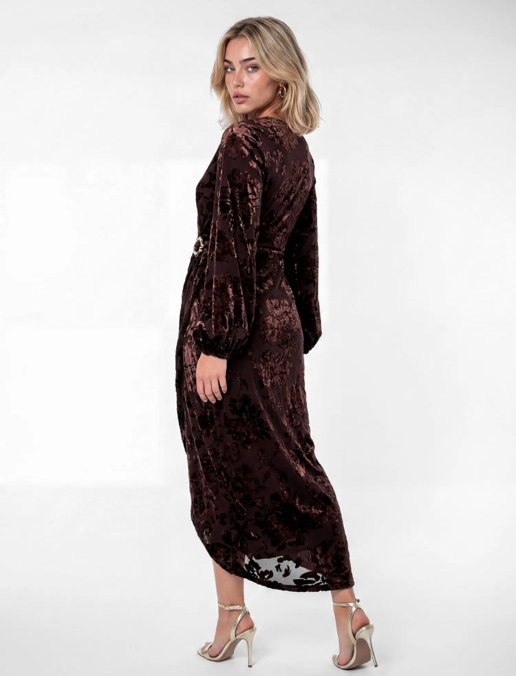 Chocolate Floral Velvet Devore
Faux Wrap Midaxi Dress