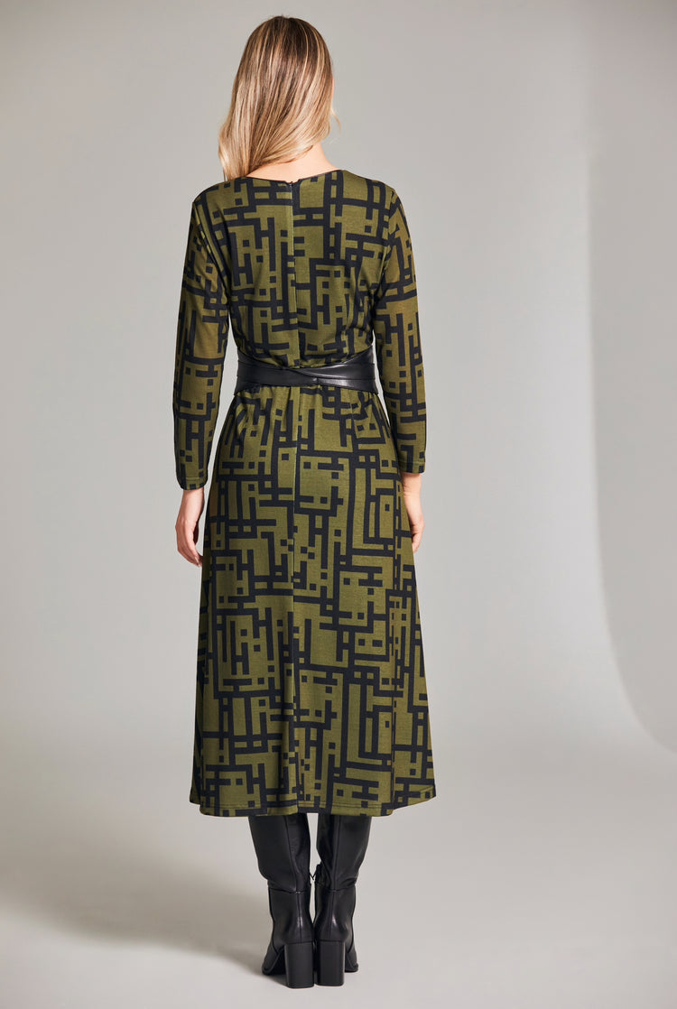 Peruzzi W24403 Jacquard Dress & Belt Khaki/Black