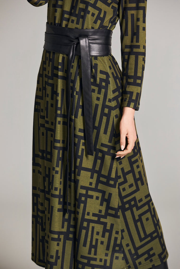 Peruzzi W24403 Jacquard Dress & Belt Khaki/Black