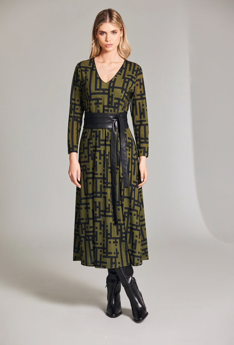 Peruzzi W24403 Jacquard Dress & Belt Khaki/Black