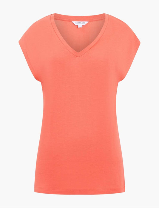 Great Plains Soft Touch Jersey V Neck- Hot Coral
