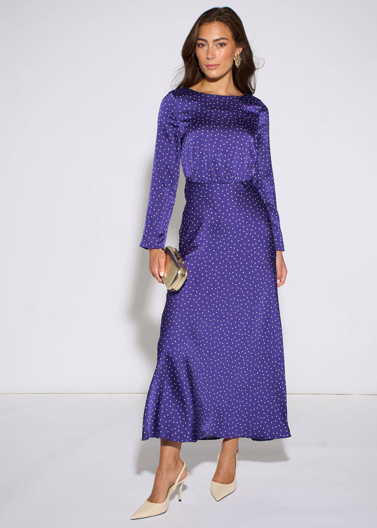 Gini London Polka Long Sleeve Satin Midi Dress